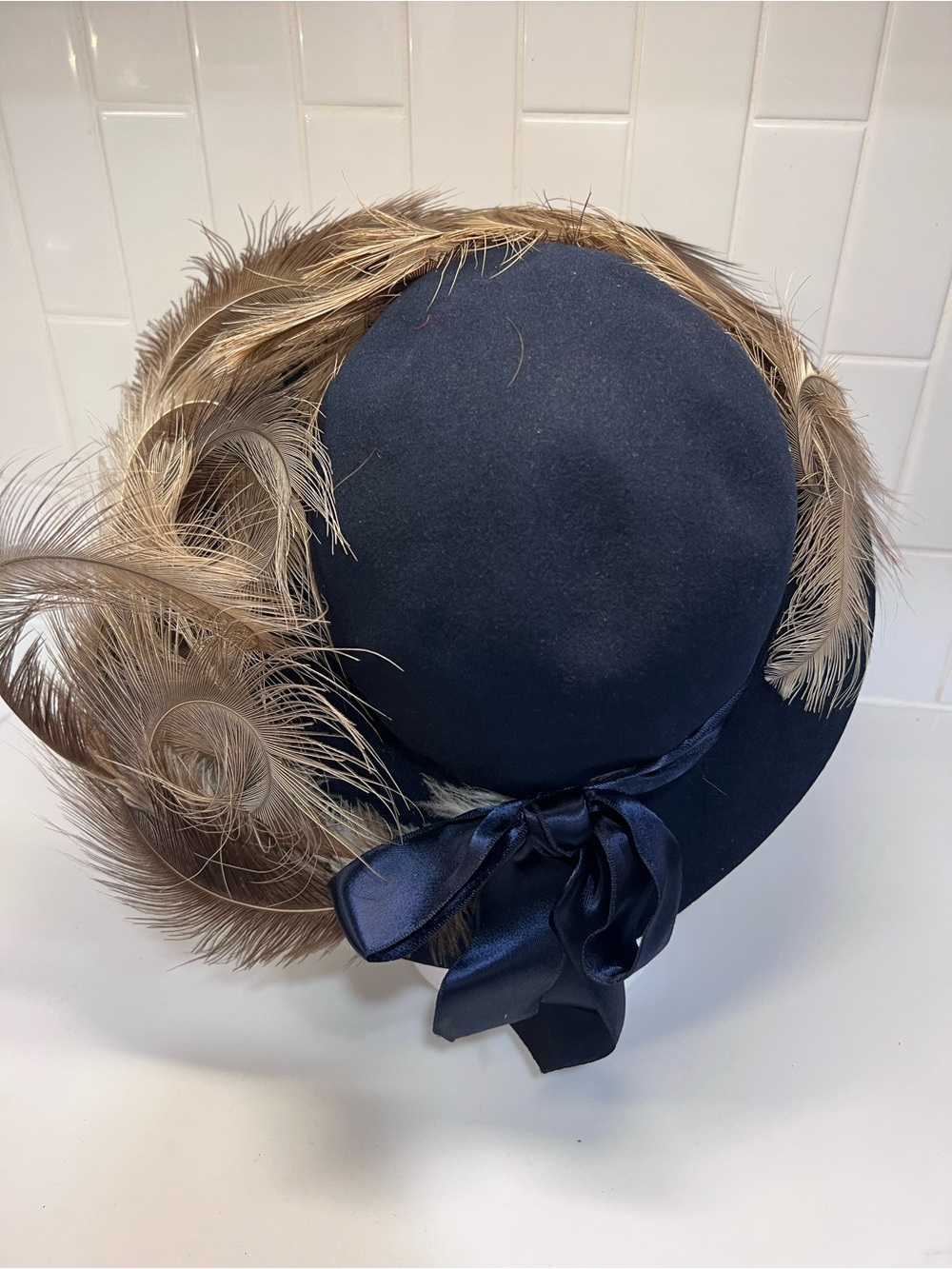 Vintage Madame Louise Of Philadelphia Women’s Hat  Blue Wide Brim W Feathers